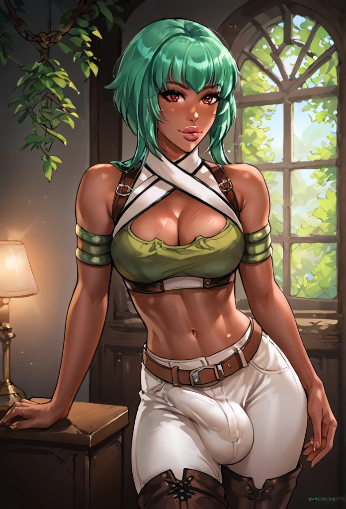 score_9_up, score_8_up, score_7_up, score_6_up, score_5_up, score_4_up, solo, rating explicit, source_anime, EmeraldSustrai from rwby, EmeraldSustrai, dark skin, bob hair, green hair, short hair with long locks, red eyes, green bustier, white vest, criss-cross halter, cleavage, armlet, midriff, white pants, brown belt, leather legwear, brown legwear, empty warehouse, BBC_chan art style, full lips, wide hips, heart shaped face, large veiny futanari penis bulge,huge testicle bulge,
