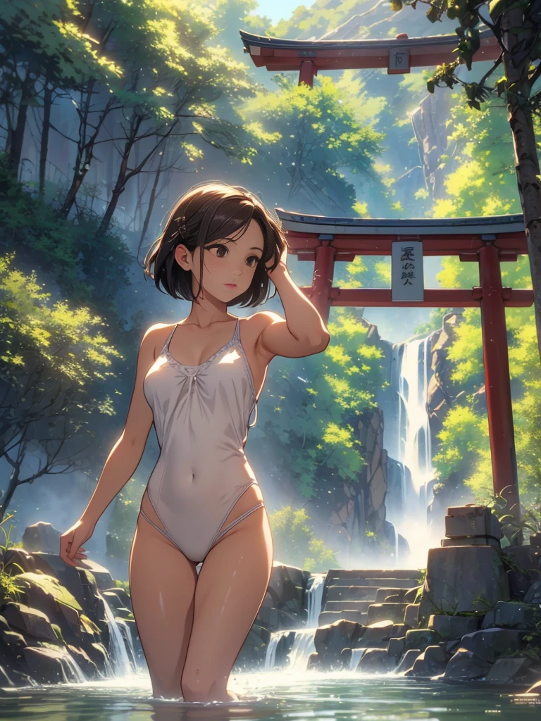 born, masterpiece, Ultra-fine photography,, 最high quality, Ultra-high resolution, ((Nature)), (((Great Falls))), (((Fantastic sky background))), (((Spectacular landscapes))), (((Magnificent sky background))), (((A magnificent torii gate:1))), ((Big waterfall)), ((fleshy body)), ((Glamorous body)), ((Lewd pose)), (((A beautiful woman bathing in water from a waterfall))),  (((sexy lingerie))), ((Bob Cut Hair)), ((A composition that makes you think about the future)),(((Photogenic beauty))), Realistic, ((Sparkling Splash)), (((Solemn atmosphere))), (Stunningly beautiful woman), ((Golden ratio of the face)), ((Beautiful light reflection)), ((Full body portrait)), ((Glamorous body)), (Perfect anatomy), (Perfect anatomical toes),Amazingly beautiful, Dynamic pose, Delicate face, bornきbornきとした目,Highly detailed background, Detailed face, Detailed busy background, nice, High definition skin, Realistic skin details,8k,Digital single-lens reflex camera, high quality,Photorealism,View from below, (最high quality, 8k, masterpiece: 1.3),Ultra-high resolution,Shot with Canon EOS R 6, Perfect anatomy, Perfect anatomical fingertips, Dark brown hair: 1.1, Ultra detailed face, Detailed lips, Fine grain, double eyelid, charm,masterpiece, 最high quality, Looking into the distance, Beautiful Face, Freeze, Stunned, Dynamic pose, Highly detailed background, Detailed face, Detailed busy background, nice, High definition skin, Realistic skin details,8k,Digital single-lens reflex camera, high quality,Photorealism,View from below,NSFW,(最high quality, 8k, masterpiece: 1.3),Ultra-high resolution,Shot with Canon EOS R 6, Dark brown hair: 1.1, Ultra detailed face, Detailed lips, Almond-shaped eyes, double eyelid,A beautiful Japanese wife, charm的,