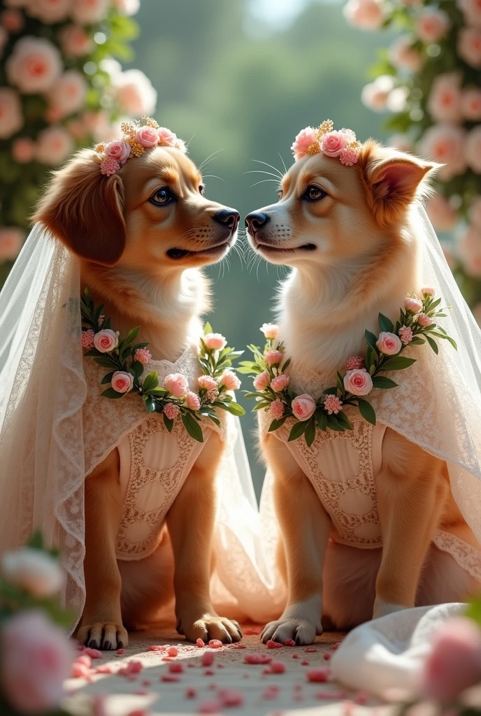 (cute anime style:1.3), (2 puppy wedding:1.2), cool puppy with white wedding tuxedo outfit, cute puppy with white wedding dress outfit, kiss, church_style_doghouse, siting,