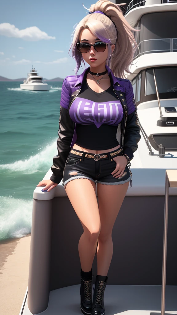 There is a woman in a bikini on a catwalk, Thick, standing near the beach, standing on the deck of a ship, Distant view of the entire body, skin fair, ocean in the background, parado on a parking lot, the ocean in the background, on a racetrack, on a parking lot, standing on the beach, full body wide photo