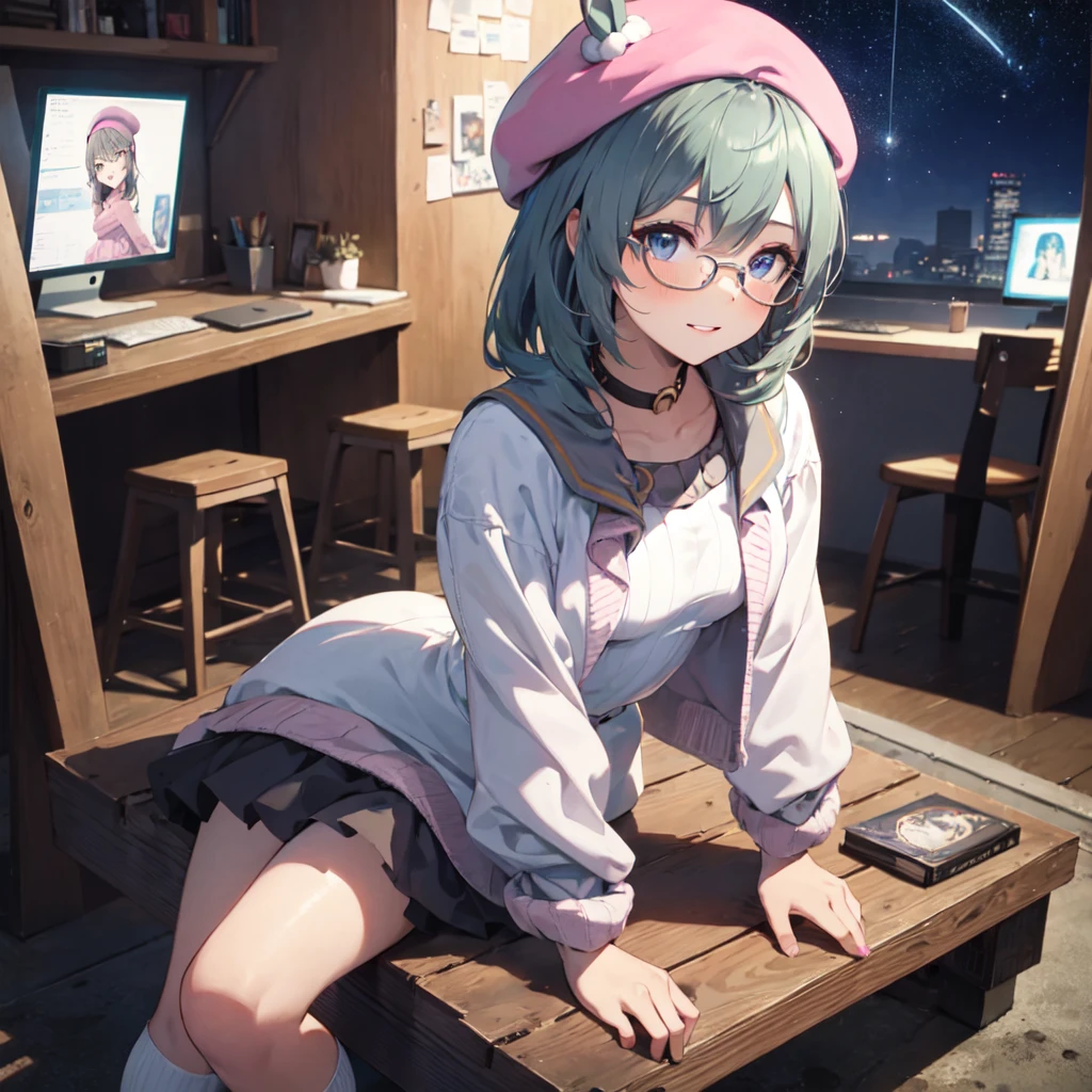 solo、alone、Girl with horse ears、Frog sitting、Leaning forward、Wearing pink glasses、Pink lipstick、Cheek makeup、Pink Beret、Pink Sweater、Pink knee-high socks、Beautiful breasts、Starry Sky、Aerial、Breeze、Center of chest、Smile、Open your mouth a little、Cut-in、uhd、masterpiece、correct、Super detailed、high detail、Awards、Highest quality、High resolution、8k