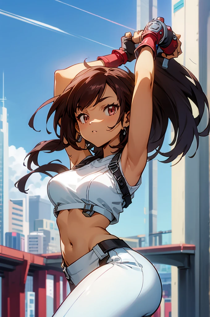 ((1girl)), ((alone)),yaoyorozu momo, ((extremely detailed CG unity 4k wallpaper)), (masterpiece), (ultra quality), (ultra detailed), (best illustration), (best shadow), (extremely detailed), looking at viewer, (absurdities), (detailed background), curvy body, dynamic pose, cowboy photo, large breasts, medium waist, wide hips, wide thighs, round butt,((eyes black, black hair, ponytail, long hair, hair up, red sports bra: 1.4, tight bra, bare arms, neckline: 1.2, exposed waist: 1.2, navel: 1.2, black sports shorts: 1.4, tight shorts, smile , mouth closed)), standing, cowboy photo, backlight, ((solo)), ((standing: 1.4, exterior, park, trees, cityscape, sunset, (serene expression, blushing, ,sexy, mouth closed , sexy pose), looking back, from behind, ((focus on ass), point of view: (from below), perfect anatomy, perfect hands,