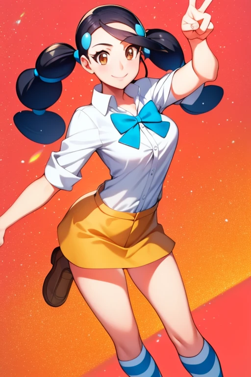 masterpiece, Highest quality, Candace, Twin tails, bow tie, White shirt, Waist clothes, Orange mini skirt , Striped socks, loafers, Are standing, smile, Wink, Wind power increase, No pants, Pussy, V sign