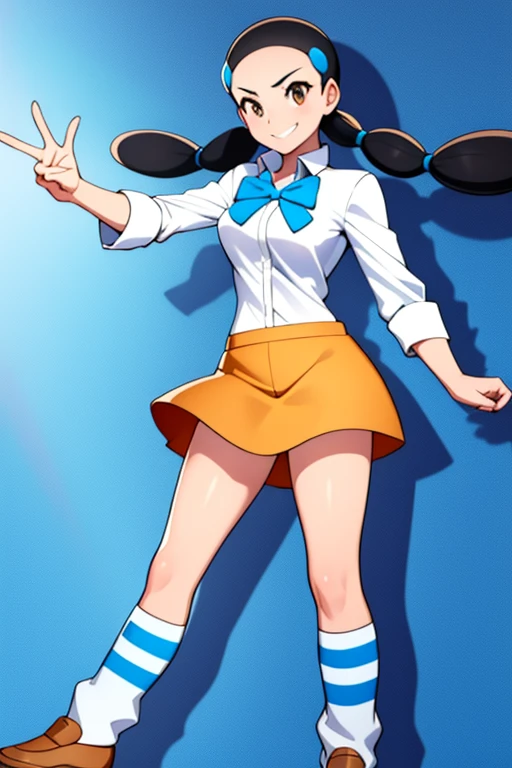 masterpiece, Highest quality, Candace, Twin tails, bow tie, White shirt, Waist clothes, Orange mini skirt , Striped socks, loafers, Are standing, smile, Wink, Wind power increase, No pants, Pussy, V sign