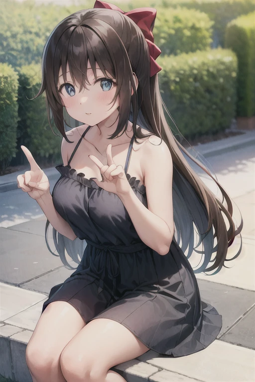 One Girl, Black Hair，length，Straight hair，Red hair ribbon，blue eyes，Sakurazaka Shizuku，cute，noon，Outdoor，Light blue camisole dress，blush，Standing posture，peace sign