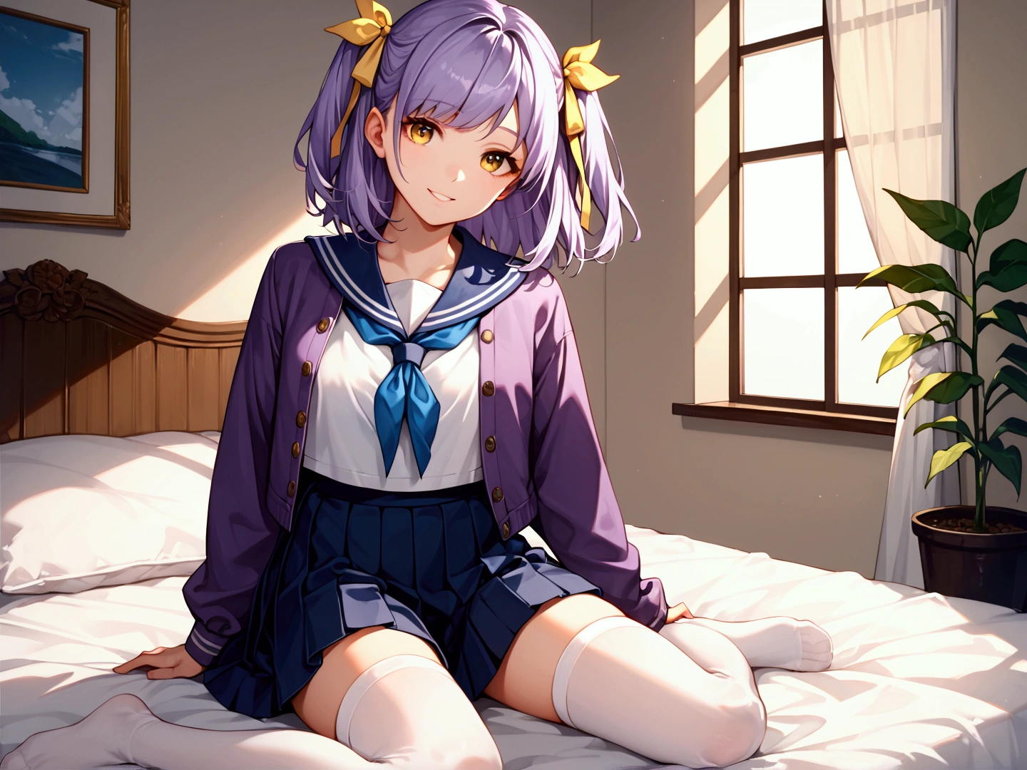 score_9, score_8_up, score_7_up, 1girl, solo, light purple hair, medium hair, two-side up, hair ribbon, yellow ribbon, yellow eyes, smile, faint lips, serafuku, white serafuku, blue sailor collar, aqua neckerchief, purple jacket, open jacket, japanese clothes, navy skirt, pleated skirt, white thighhighs, indoors, iris, iris (flower), sit, wariza, sitting on bed