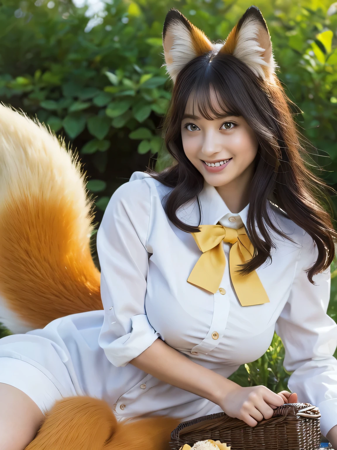 ((Highest quality, 8k)), ((masterpiece)), (Highest Resolution), Perfect Face, Fox Woman, Female college student, Beautiful woman, Outdoor, Only one tail, she has thick thighs, Her large tail, She has an orange fox tail, She wags her tail, Smiling with teeth showing, Fur collar, She's wearing a shirt and a short skirt., Plump Breasts, Beautiful Hips , A fox tail sticks out from the skirt.