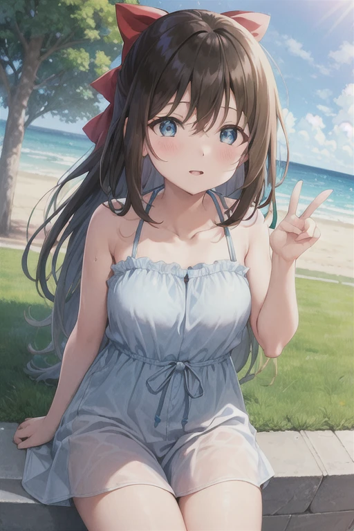 One Girl, Black Hair，length，Straight hair，Red hair ribbon，blue eyes，Sakurazaka Shizuku，cute，noon，Outdoor，Light blue cami dress，blush，Standing posture，peace sign