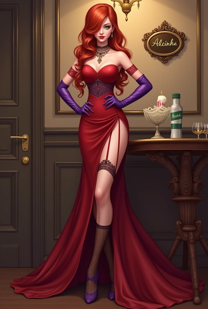 Lenore from Castlevania, red hair, orange eyes, vampire girl, ultra sexy, white fur coat, nylon thigh, glass of wine, red nail, red lipstick, sexy black heels, red toesnail, ultra beautiful girl, masterpiece, heels fetish, very close-up heels shoes, legs stretched towards the viewer