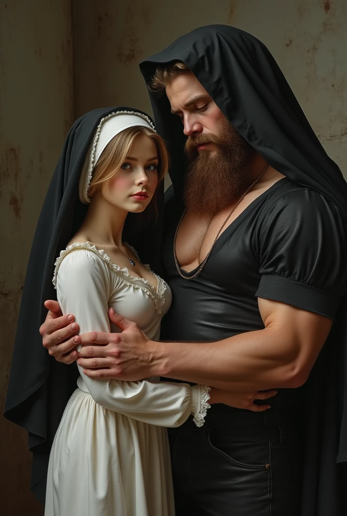 (((a beautiful delicate young medieval woman,slim body,bare small breasts half hidden by a half open long hooded robe,long messy blonde hair))),(((standing beside an African muscular male armoured bodyguard))),cinematic,realistic