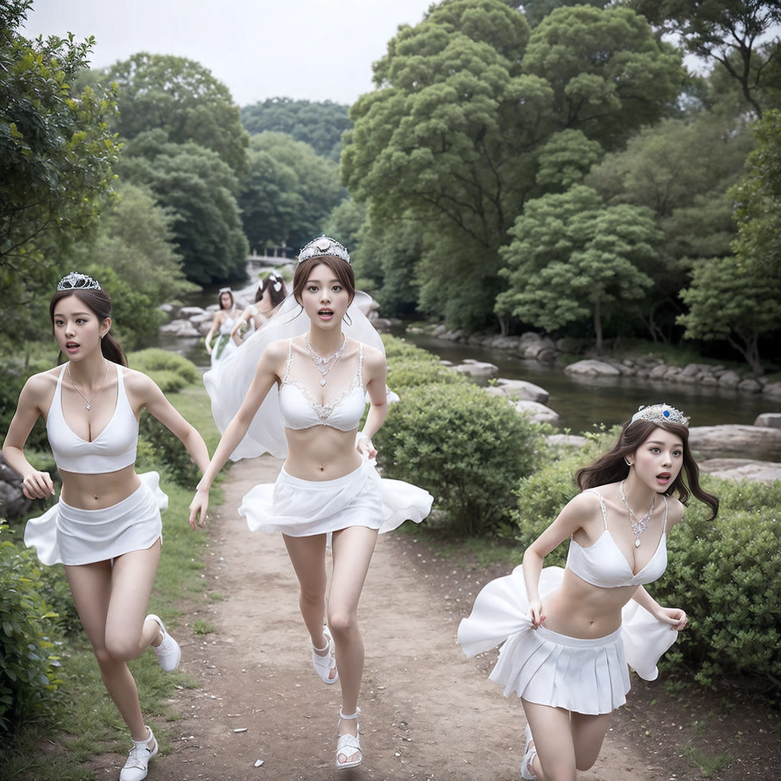 (((three women running at night))),sweat a lot in sportswear,Headphones running along the river in the park,There is a street light next to the park road., And the only light source is the only light source。The photo looks healthy and positive。
((((Emphasize cleavage))))
(((((I can see a red and white bra.)))))
((Full body photo))