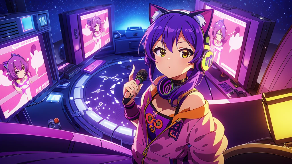 anime girl with purple hair and headphones in front of a recording microphone, Moe anime art style, night, animated style 4 k, animated style. 8k, ig studios animated style, anime girl with cat ears, high quality anime art style, cute chica ready anime, anime art style, Very beautiful anime cat girl, beautiful chica ready anime, chica ready anime