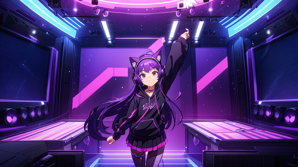 cat ear headphones, long straight hair, purple and black gradient hair, Black sweatshirt with blue and purple stripes, pleated skirt, tights with laces, Safe posture, pointing gesture, Recording studio, microphones, sound mixers, Speakers, vibrant and modern atmosphere, controlled artificial lighting, Studio Equipment, Detailed background elements, Front view, Clear focus on the character, well balanced exposition.