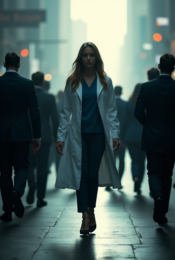 Under the cold fluorescent light, the human experiment room of the frightening research facility, filled with piles of human bones, was unexpectedly bright. The director of the research facility was a beautiful, intelligent femme fatale with short blonde hair and glasses, who looked seductive in her suit as she walked, trampling over the bones with her black stiletto heels., Character focus, From above at an angle, staring at the viewer, evil seductive smile,