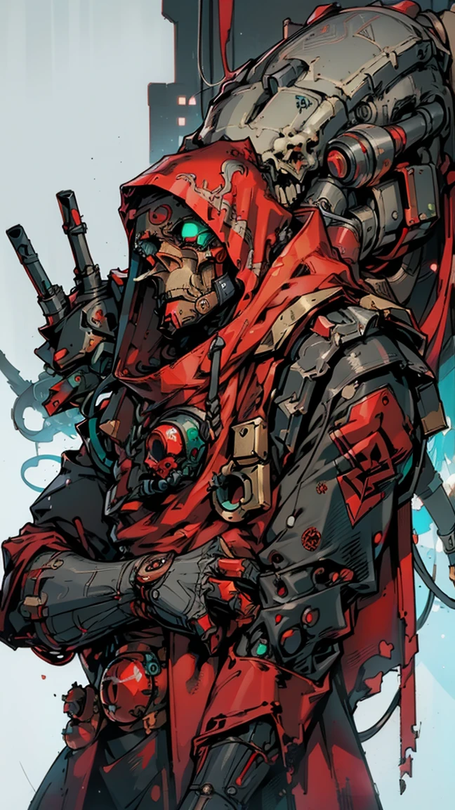 naughty man, from front view of an adeptus mechanicus robotic techno-priest, adptus mecanicus hugging a tau drone, skull mask, several arms, modest and ornate red techno-priest robes, in a hoodie, that fall and are faded (made of black circuit board), with a covered face, tech mask, mechanical tentacle arm, green mechanical eyes, half skull, gears, rust, dirty red tunics, asymmetrical body, respirator, huge backpack, 8k, lot of details, grimdark, MechanicusStyleAI, (((((portrait of upper body)), mascle, from front view, plain white background, standing)))