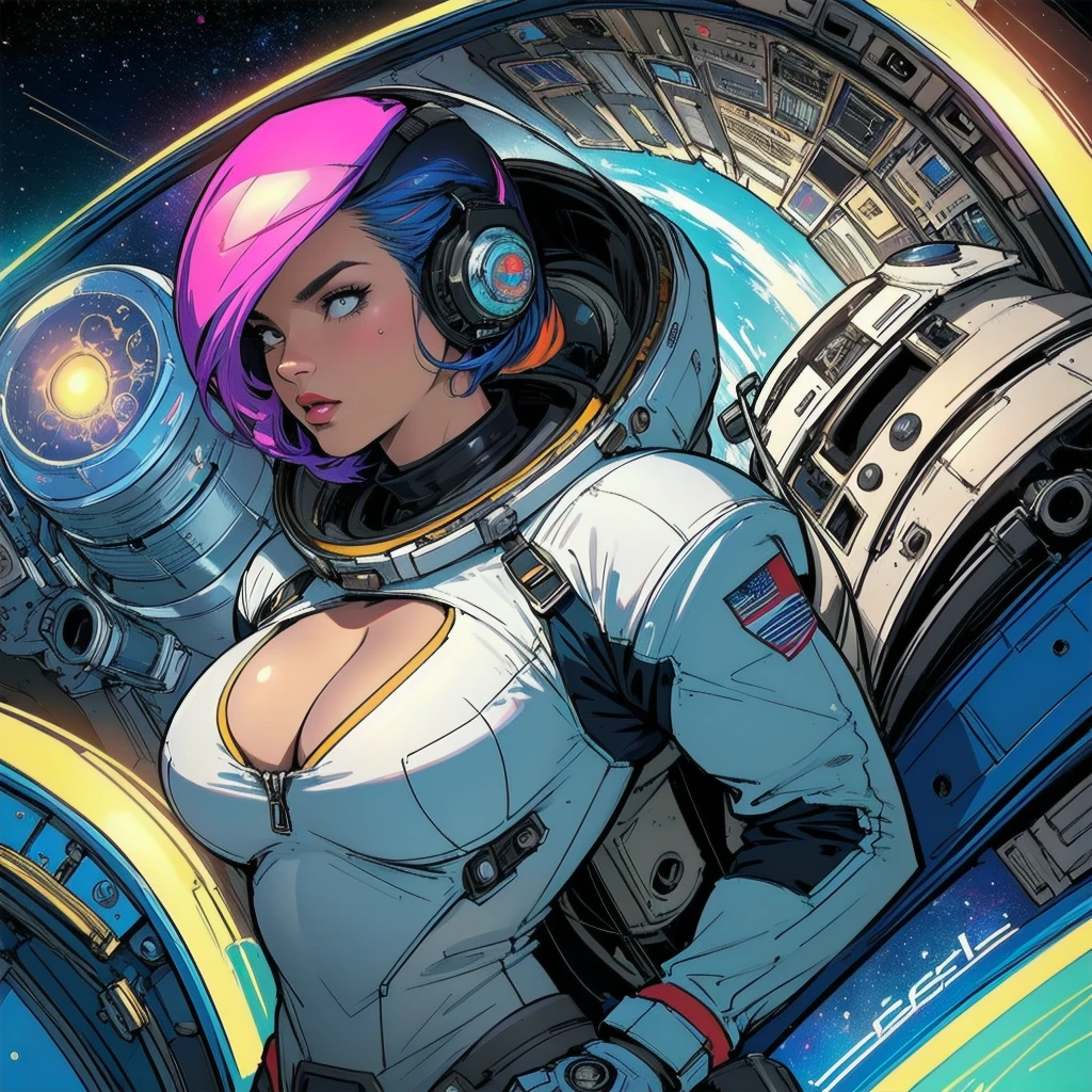 (((32k))),(((Highest quality))),(Perfect One Woman),60's,70's,80's,old movie posters,retro,vintage,bauhaus,abstract,Space Thriller Movie Poster,Futuristic,shape,OK,cosmos,galaxy,satellite,mechanical,Geometric pattern,meteor,meteorite,planet,very delicate,Space flyer OK,Milky Way,((big breasts)),(cleavage),rainbow,massive stream of light,flare,overlay,aurora,Starry sky,infinite possibilities,strongest,Highest,(perfect fingers),perfect gorgeous physical, beauty perfect limbs, (very tight clothes detailing all body breasts niples and shaved pussy):2, cameltoe, pink hair.