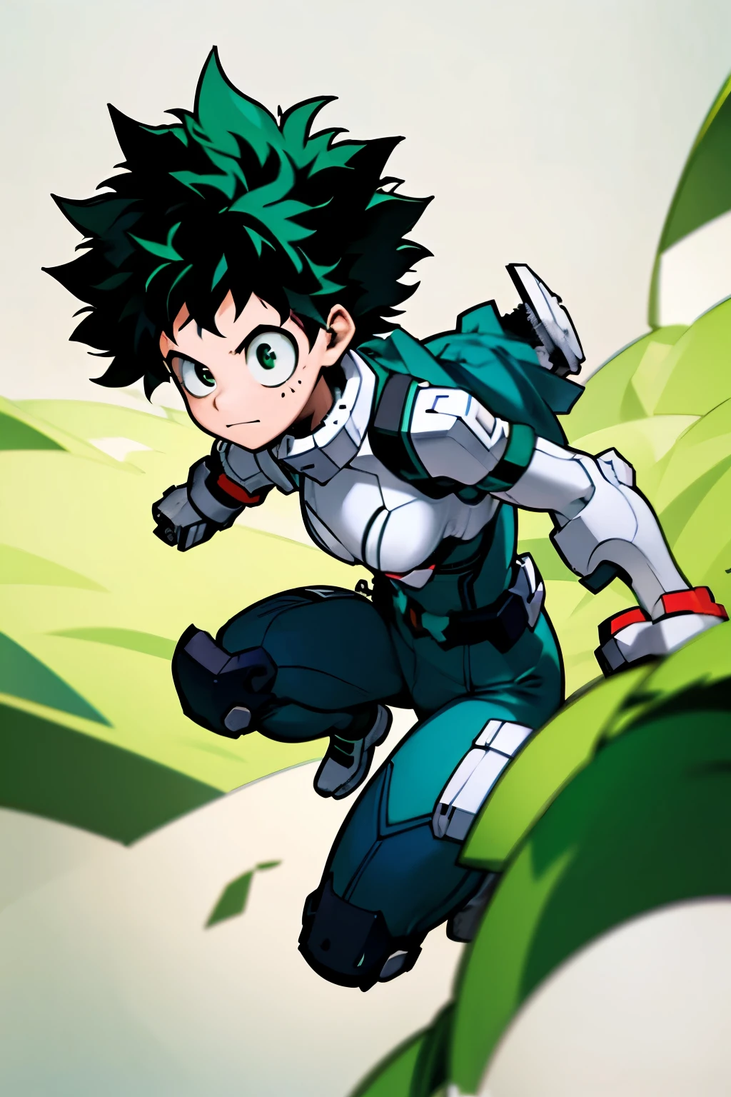 ((illustration)), (best quality)), ((masterpiece)), (detailed), blurry background, character focus, solo, izuku midoriya, midoriya izuku, short hair, (green eyes:1.3), female focus, green hair, messy hair, freckles, half body, large breast, empty background,