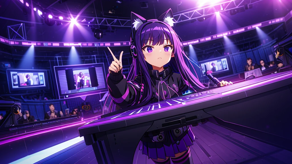 cat ear headphones, long straight hair, purple and black gradient hair, Black sweatshirt with blue and purple stripes, pleated skirt, tights with laces, Safe posture, pointing gesture, Recording studio, microphones, sound mixers, Speakers, vibrant and modern atmosphere, controlled artificial lighting, Studio Equipment, Detailed background elements, Front view, Clear focus on the character, well balanced exposition.