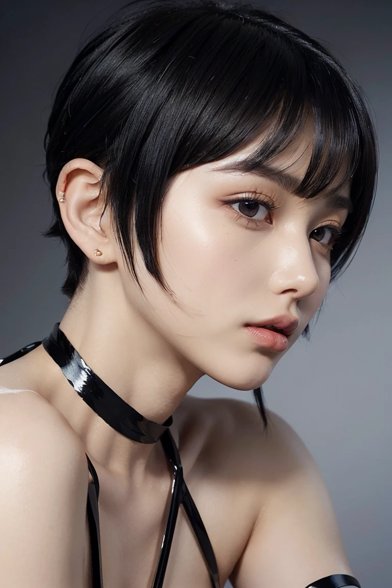 (top-quality,8K,​masterpiece)Japanese Models,Bewitching beauty,Colossal ,Inviting look,(A detailed eye,Detailed lips),Precision necklace,gyuru,Jewel Earrings,Painted on the waist,fullnude,Cinematic,a wet body,wetting hair, ((hair style(Asymmetrical pixie cut hair. One side short, other side chin-length. Sleek, straight, side-parted. Modern, edgy style. with side-swept bangs,:1.3)),