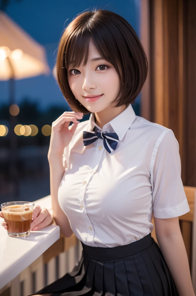 1 girl, (8k, RAW photo, best quality, masterpiece: 1.2), bra lift .Nipples .My clothes are very wet .underwear Wet(realistic, photo-realistic: 1.37), ultra-detailed, beautiful, solo, beautiful detailed sky, detailed coffee, night, sitting, (flushed nose), (smile: 1.1), medium breasts, beautiful detailed eyes, long brown hair, (collared shirt: 1.1), bow tie, pleated skirt, (short hair: 1.2), long hair, taking big ice cream,