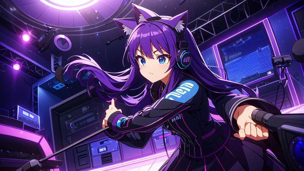 cat ear headphones, long straight hair, purple and black gradient hair, Black sweatshirt with blue and purple stripes, pleated skirt, tights with laces, Safe posture, pointing gesture, Recording studio, microphones, sound mixers, Speakers, vibrant and modern atmosphere, controlled artificial lighting, Studio Equipment, Detailed background elements, Front view, Clear focus on the character, well balanced exposition. perfect hands. perfect anatomy.