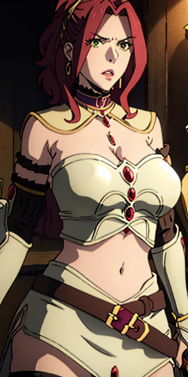 Malted Melromac, Upper body, 1 girl, Red jewelry, Green Eyes, Red hair, Steel Armor, belt, Neckline, Bare shoulders, Purple skirt,Large Breasts, Huge breasts, Large Breasts, Huge breasts, Microdress is bigger than heat, bodycon, eyes lashes, cleavage, navel, corruption, (o-ring), choker, jewelry, earrings, necklace, holding a gun, holding, handgun, big breasts, huge breasts, masive breasts, enormous breasts, nipples