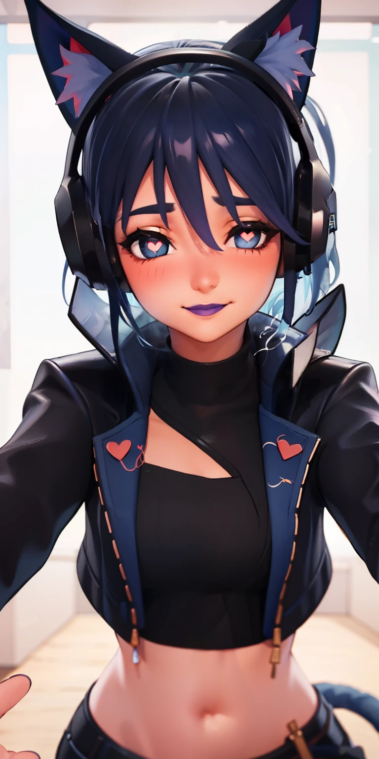 Heart-shaped_pupils, 1girl,blue hair,blue eyes, eyeshadow, (blush:1.1),upper body,trembling, heart,(speed lines:1.1),medium breasts, ((heavy breathing:1.3)), love, heart, black jacket, jacket crop top, cat ears headphones, black crop top, purple lips, smile, looking at viewer, facing viewer, outstretched arms