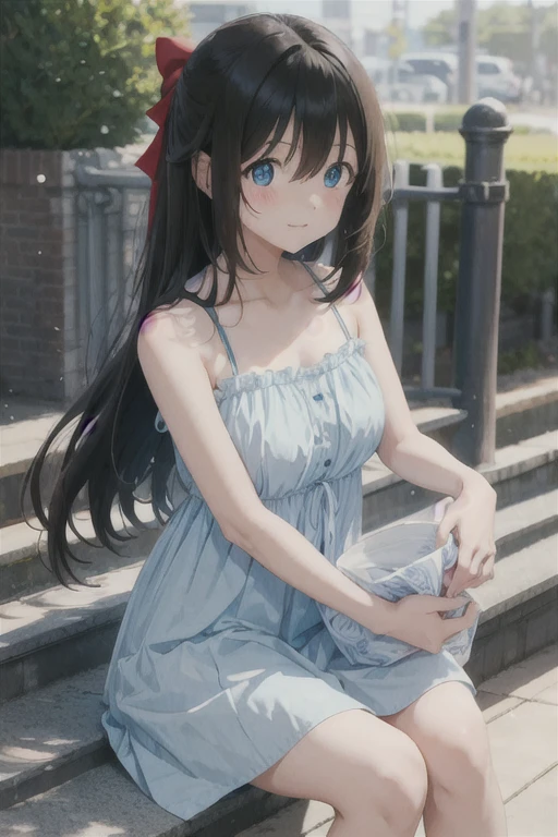 One Girl, Black Hair，length，Straight hair，Red hair ribbon，blue eyes，Sakurazaka Shizuku，cute，noon，Outdoor，Light blue cami dress，blush，Standing posture