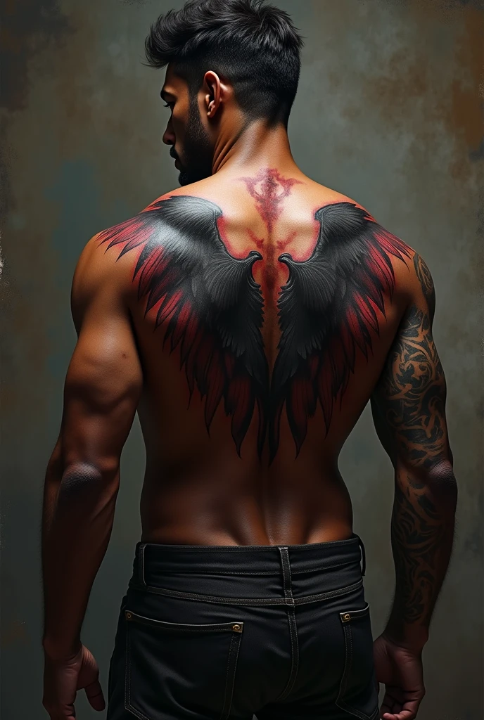 renaissance oil painting by william bouguereau:: ((1 winged male)) with tattoos on his body, tattoed arms, tattooed chest, tattooed torso, tattooed back, skulls and flowers, tattoo arms, centered, full body, back view, view from the back,