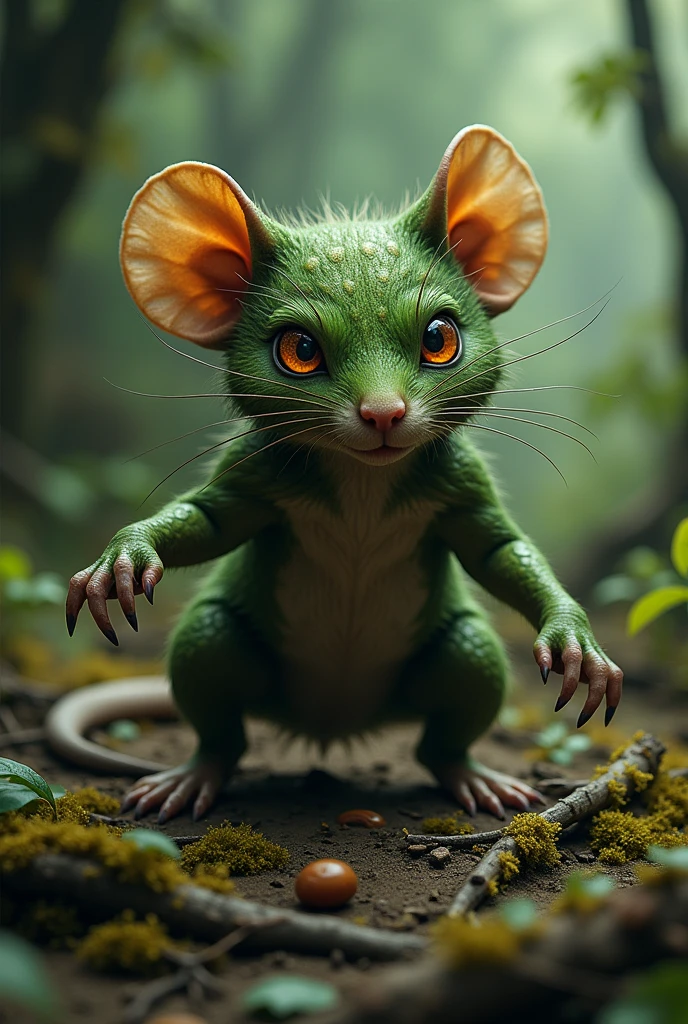 Ratureza Raturezas are small rodents adapted to life in the corrupted jungles of Verdantia.. With coats that imitate moss and tree roots, they camouflage themselves perfectly in their environment, making them difficult to detect until it is too late. Their bodies are covered in moss-green skin and their claws and teeth are coated in a bark-like substance., which is extremely sharp.

Appearance:

tamanho: About the size of a common mouse, but with a more robust and intimidating appearance.
coat: Dark green with brown spots that resemble moss and dried leaves. When agitated, small roots may emerge from its body.
eyeballs: Bright and amber in color that stands out against their camouflage coat.
Claws and Teeth: Sharp claws and pointed teeth coated with a bark-like substance, which can cause infection.
demeanor:

social: They live in colonies, usually hidden in burrows or holes under roots and fallen logs. They are highly organized and collaborate in coordinated attacks..
predatory: They attack in groups to overwhelm their prey.. They prefer ambushes and use their camouflage to approach undetected..
Defensive: When threatened, can release a strong, unpleasant odor to ward off predators and intruders.
Abilities and Powers:

cloathing: Thanks to its coat that mimics the environment, have advantage on stealth checks when in areas of dense vegetation.
Coordinated Attack: When they attack in a group, have a special ability that allows them to make synchronized attacks, increasing the damage done.
Root Infection: Their teeth and claws have a chance to cause infection if players fail a saving throw., which can lead to debilitation and poisoning.
Pheromone Emission: They can release a pheromone that increases the aggressiveness of colony members, causing other Ratures to become more aggressive and resilient during combat.