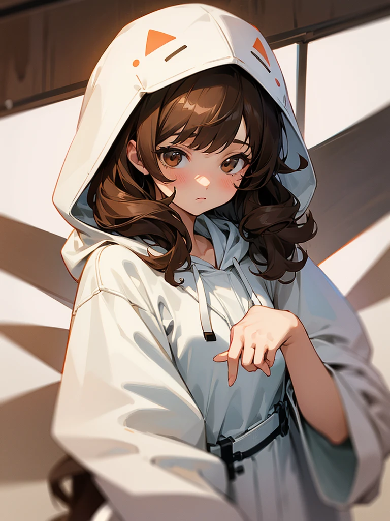 Masterpiece, Best quality, A high resolution, Kitagawa Marin, 1girll, Sepia hair, Long hair,Panda hood, jewelry, Earrings,(The vaginal lips can be seen through the underwear:1.5), One-piece pajamas, White all-inclusive pajamas,Toothy smile, Be red in the face,Shy,裸露的女生, Squat in a chair,spread their legs,