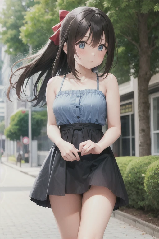 One Girl, Black Hair，length，Straight hair，Red hair ribbon，blue eyes，Shizuku Sakurazaka，cute，noon，Outdoor，Light blue camisole dress，blush，Standing posture