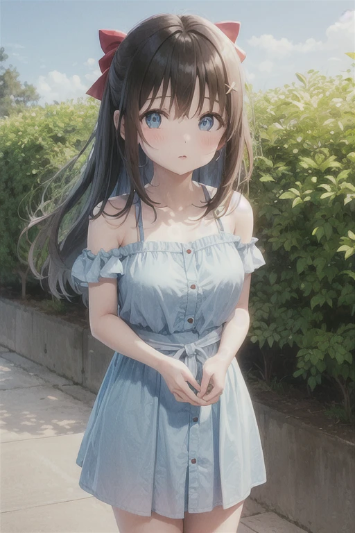 One Girl, Black Hair，length，Straight hair，Red hair ribbon，blue eyes，Shizuku Sakurazaka，cute，noon，Outdoor，Light blue camisole dress，blush，Standing posture