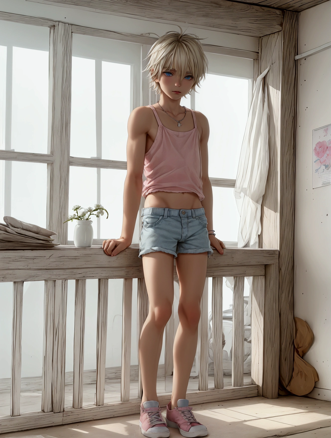 Anime style, Highres, Masterpiece, Best quality at best, Best Quality, hight quality, hight detailed, 1boy, (**********), boy, blonde boy, blond Hair, perfect boy body, cute boy, detailed light blue eyes, detailed eyes, short hair, messy hair, pastel rainbow inner hair color mesh, Neutral Facial Features, boy flirty posing, wears a too short unicorn color transparent cami tank top, without breasts, silver necklace with a pastel pink heart, boy chest, too very short mini blue jean short, pink converse sneakers, beautiful long legs, standing full body, hot summer sunset on the beach, highest quality,