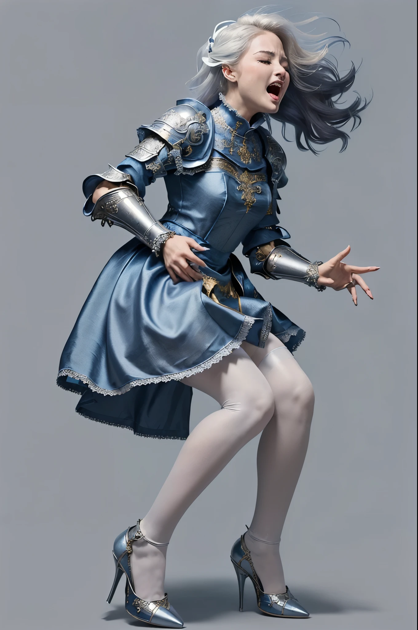 masterpiece, best quality photo, a beautiful princess knight is screaming and crying, (fancy engraved medieval metallic armor on top:1.3), (ornate silk skirt in indigo blue:1.2), (thigh high white stocking:1.3), white high-heel:1.2, light gray metal armor, (detailed facial expression:1.2), extremely beautiful, grimace, screaming, crying eyes, wide open lips:1.3, rich hair:1.1, (painful screaming facial expression:1.2), dynamic pose, strongly closed eyes