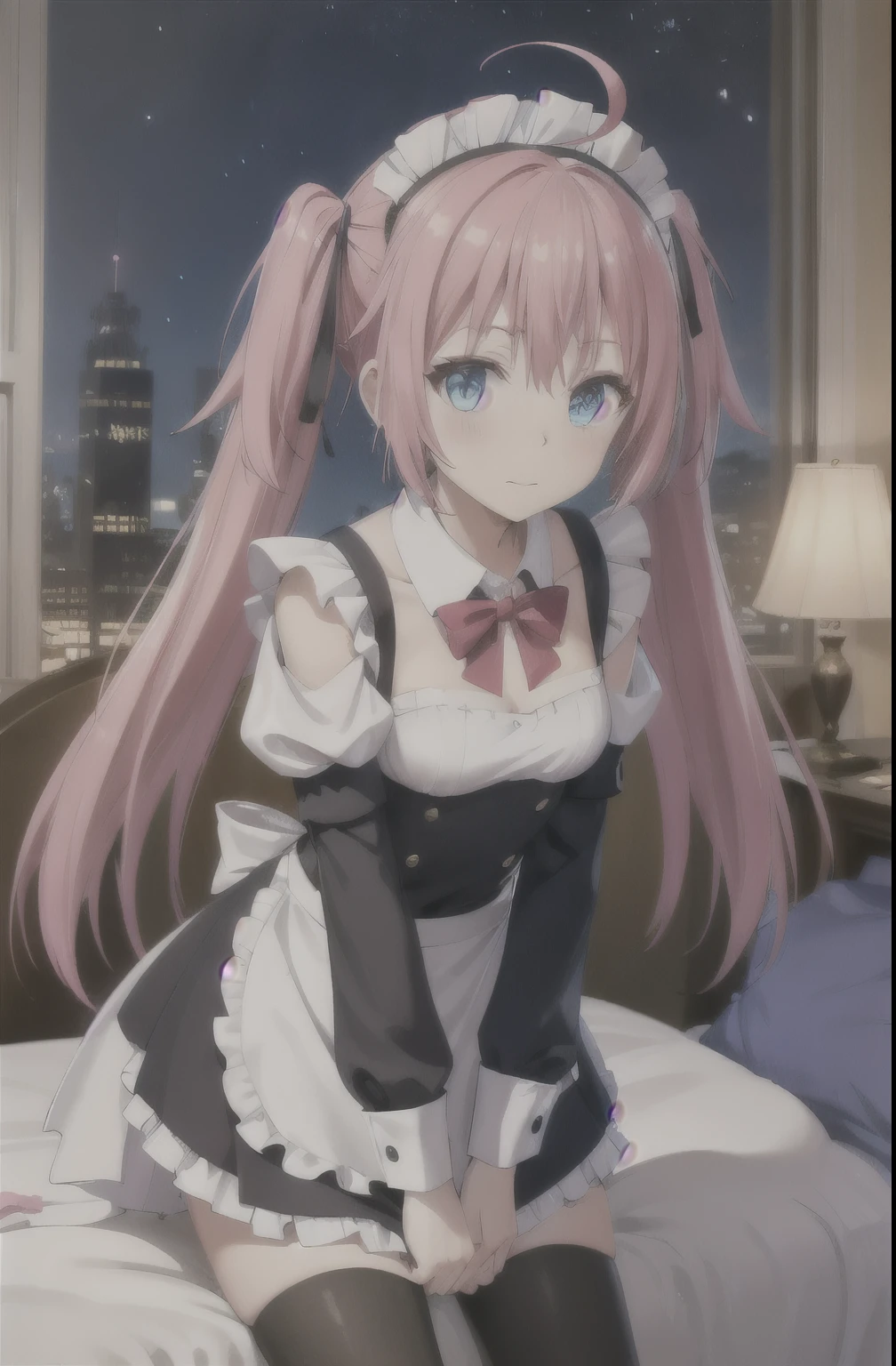 (masterpiece, best quality, detailed), 1girl, solo, looking at viewer, pink hair, long hair, twintails, maid, maid headdress, maid apron, long sleeves, hair ribbon, indoors, bedroom, (v arms), blue eyes, ahoge, bowtie, puffy sleeves, window, night sky, stuffed toy, lamp, pillow, messy room, black thighhighs, leaning forward, closed mouth, blush