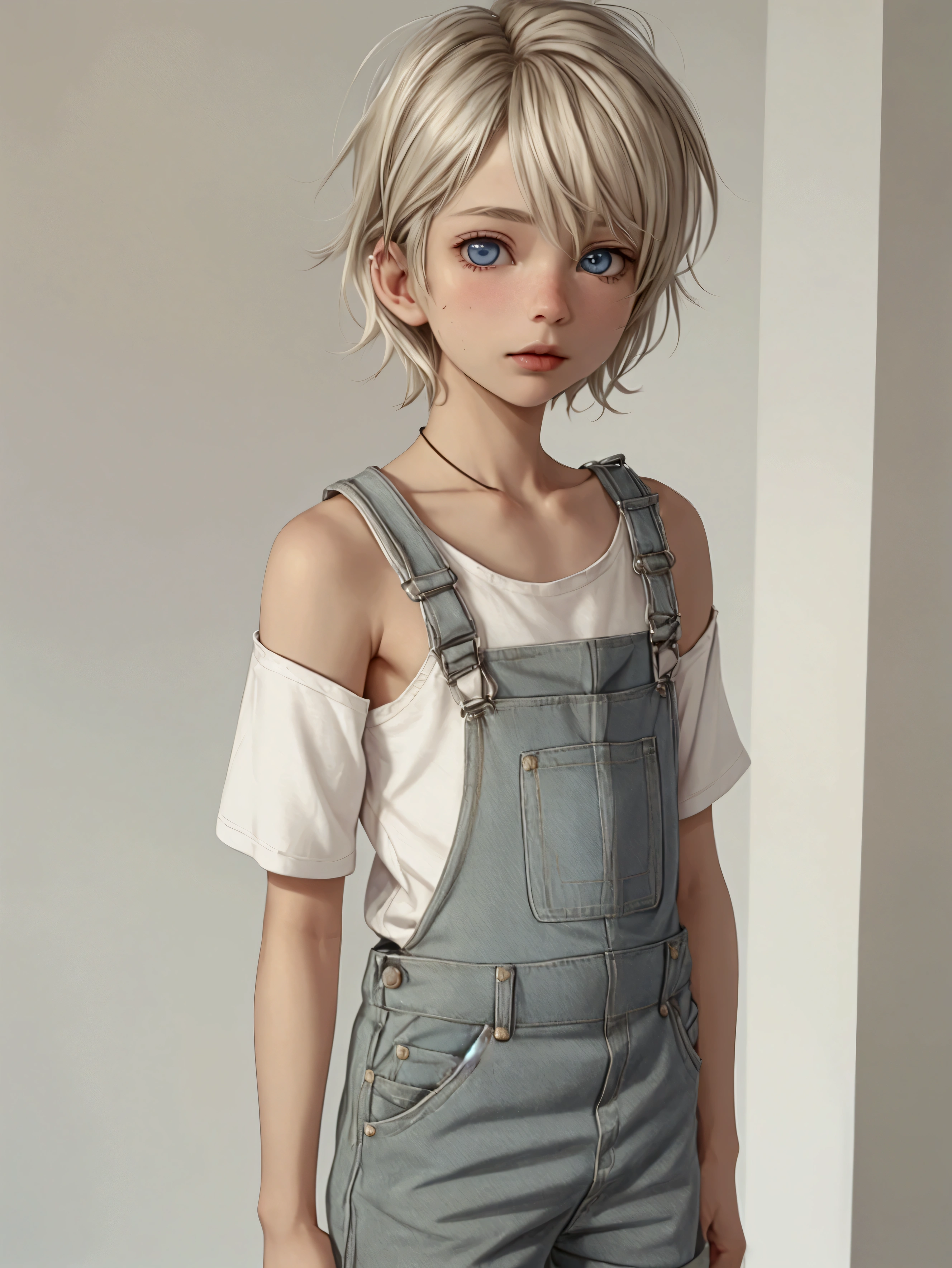 Anime style, Highres, Masterpiece, Best quality at best, Best Quality, hight quality, hight detailed, 1boy, (), boy, blonde boy, blond Hair, perfect boy body, cute boy, detailed light blue eyes, detailed eyes, short hair, messy hair, pastel rainbow inner hair color mesh, Neutral Facial Features, boy flirty posing, wears a cheeky overalls shorts, overalls, jean overalls, cuffed overalls, shirtless boy chest, overalls over skin, bare shoulders,bare sleeves, bare arms,(tiny bulge on overalls), without breasts, silver necklace with a pastel pink heart, boy chest, beautiful long legs, standing full body, perfect bare feet, hot summer sunset on the beach, boy flirty posing, blond Hair, short hair, messy hair, pastel rainbow inner hair color mesh, highest quality,