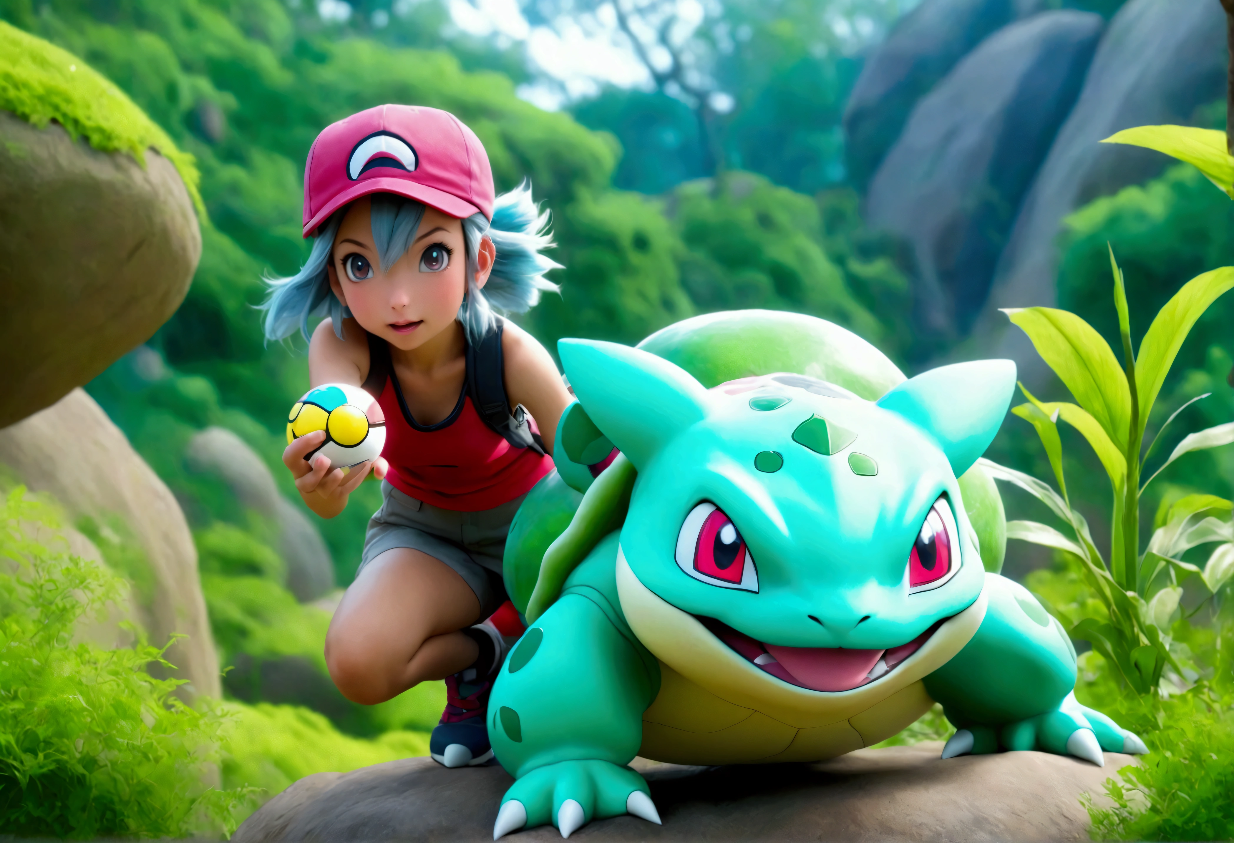 A cute young female Pokemon trainer, late 20s, wearing a colorful and stylish outfit with a cap, holding a Pokeball in her hand, pointing excitedly at an enormous Bulbasaur Pokemon casually crawling on a large boulder, in a daytime outdoor scene with lush greenery, realistic, highly detailed, 8k, photorealistic, professional, cinematic lighting, vibrant colors, masterpiece