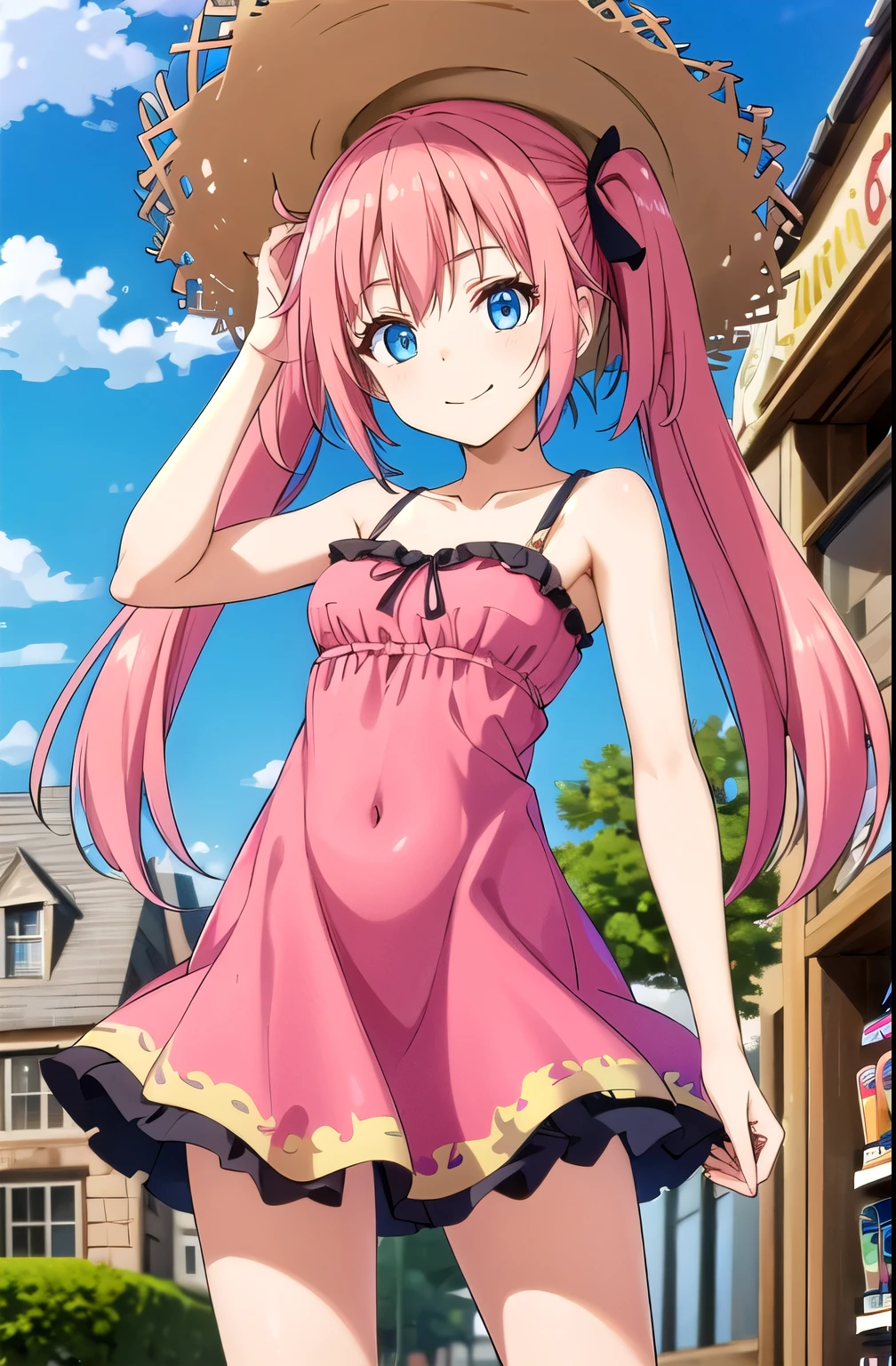 (masterpiece, best quality, detailed), 1girl, solo, looking at viewer, pink hair, long hair, twintails, sundress, yellow dress, frilled dress, sleeveless dress, bare shoulders, straw hat, outdoors, (vending machine), contrapposto, legs apart, blue eyes, ribbon, hat ribbon, blue sky, building, hand on headwear, smile, closed mouth