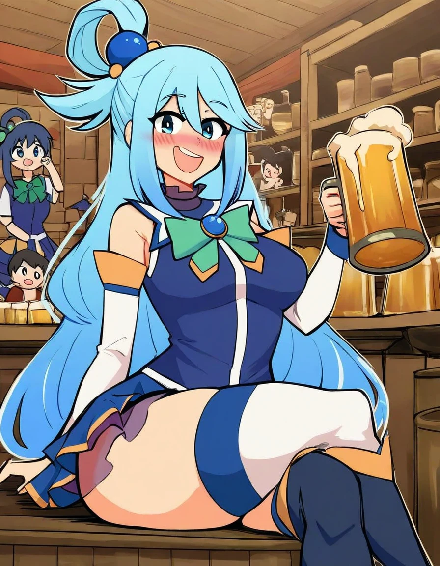 zPDXL, source_anime, rating_sensitive, BREAK
centurii-chan_(style),
1girl, solo focus,masterpiece, best quality,
aqua \(konosuba\), thighhighs, (solo:1.3), long hair, blue eyes, blue hair, beer mug, detached sleeves, skirt, cup, mug, open mouth, sitting, breasts, crossed legs, smile, looking at viewer, hair rings, holding, holding cup, hair ornament, blue skirt, beer, bare shoulders, blush, alcohol, thigh boots, indoors, white thighhighs, shirt, barrel, medium breasts, from below, bow, bangs, single hair ring, hair between eyes, boots, green bow, :d, miniskirt, thighs, blue shirt, very long hair, sleeveless