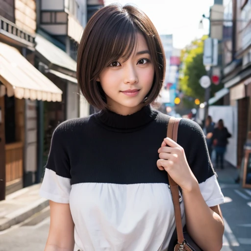 A japanese girl with boyish casual fashion, brown short cut hair, chubby, cafe with friend, moderation in exposure, big tits, 1girl, Surrealism, high detail, Realism, UHD, super detail, textured skin, high details, high quality