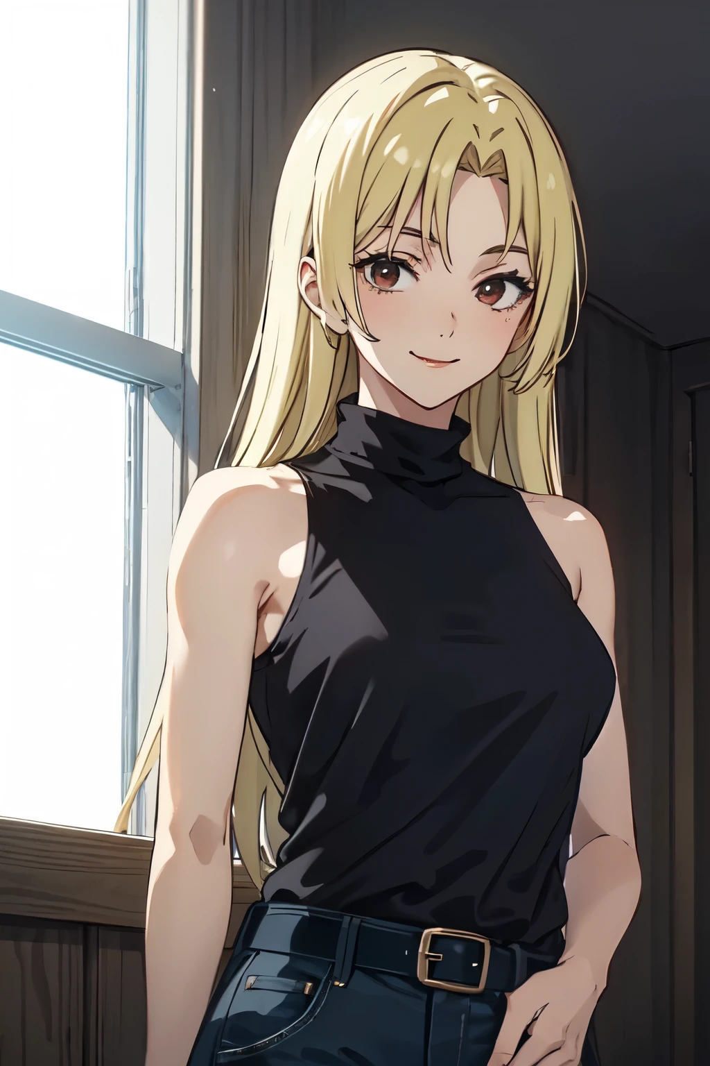 masterpiece, YukiTsukumo, 1girl, solo, long hair, brown eyes, looking at viewer, smile, blonde hair, shirt, bare shoulders, sleeveless, belt, pants, black shirt, window, turtleneck, backlighting, sleeveless turtleneck,  