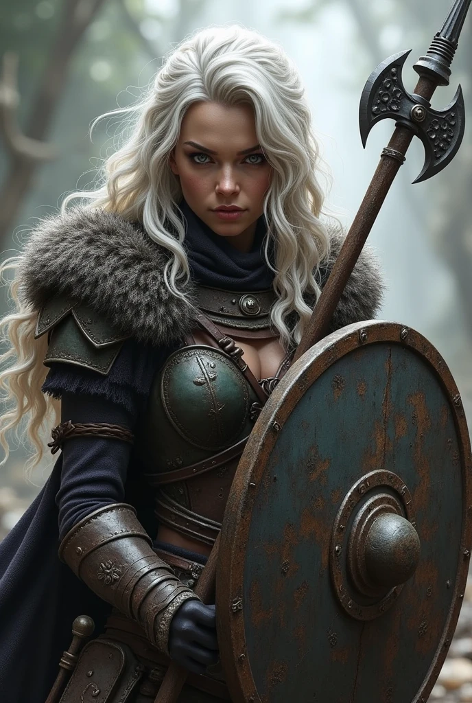 A female dwarf warrior, who uses a shield and a spear with a small axe ...