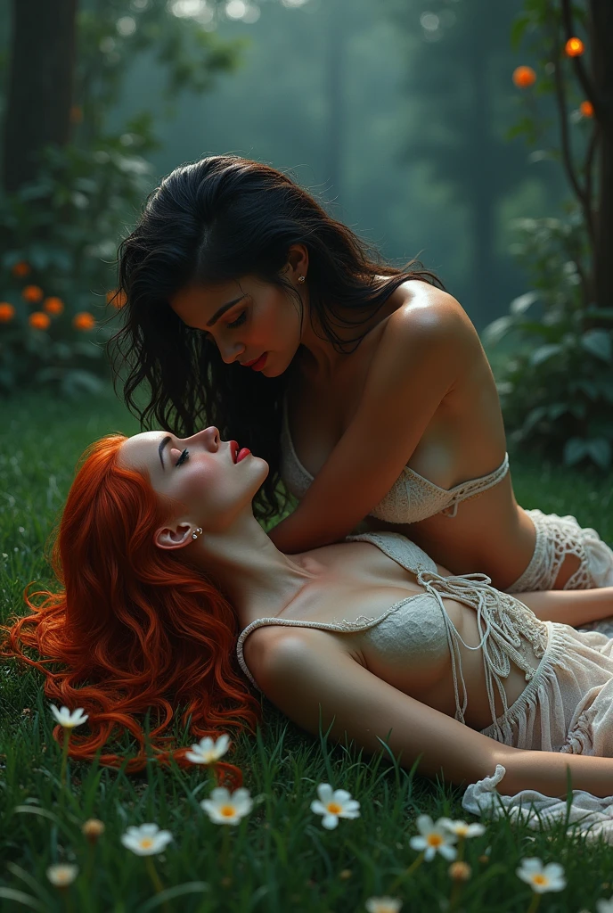 ultra realistic, photography, two girls: one with long straight red hair, 24 years old, hourglass figure, perfect body, natural medium breasts, she is naked, laying in bed on her back with her legs spread wide apart, the other one: long black straight hair, girl, 30 years old, hourglass figure, perfect fit body, natural big breasts, she is naked, she is laying in bed on her stomach and her hand is between the other girls legs, they both are moaning loudly with their mouths open and their eyes closed