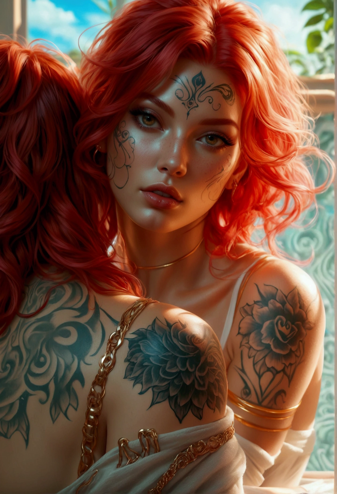 Un barco de lujo y una hermosa mujer bronceada, Cuerpo definido y tatuado tomando el sol en la proa del barco.  (La mejor calidad)  obra maestra ((body tattoo)) (Big breasts) ((red hair))