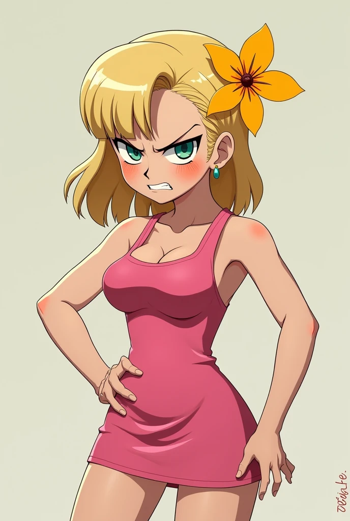In anime A demon girl Sexy young beautiful attractive beautiful popular yellow hair long curly menchon forehead pink bow her green eye dresses white blouse tied knot put on green bow chest shows navel curve wide sexy and her green skirt short black heel