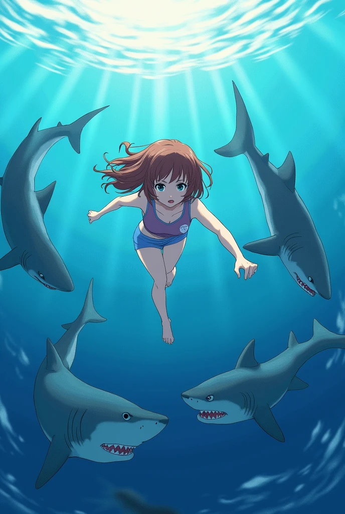 (a girl playing with sharks,ocean waves,blue coral reef,deserted island beach),[illustration,photorealistic],dazzling sunlight,crystal clear water,sparkling sand,breezy palm trees, vibrant marine life,endless horizon,adventure,wild,summer vibes,colorful fishes,shimmering reflections, 4k resolution, high definition, masterfully detailed sharks, joyful laughter, fearlessness