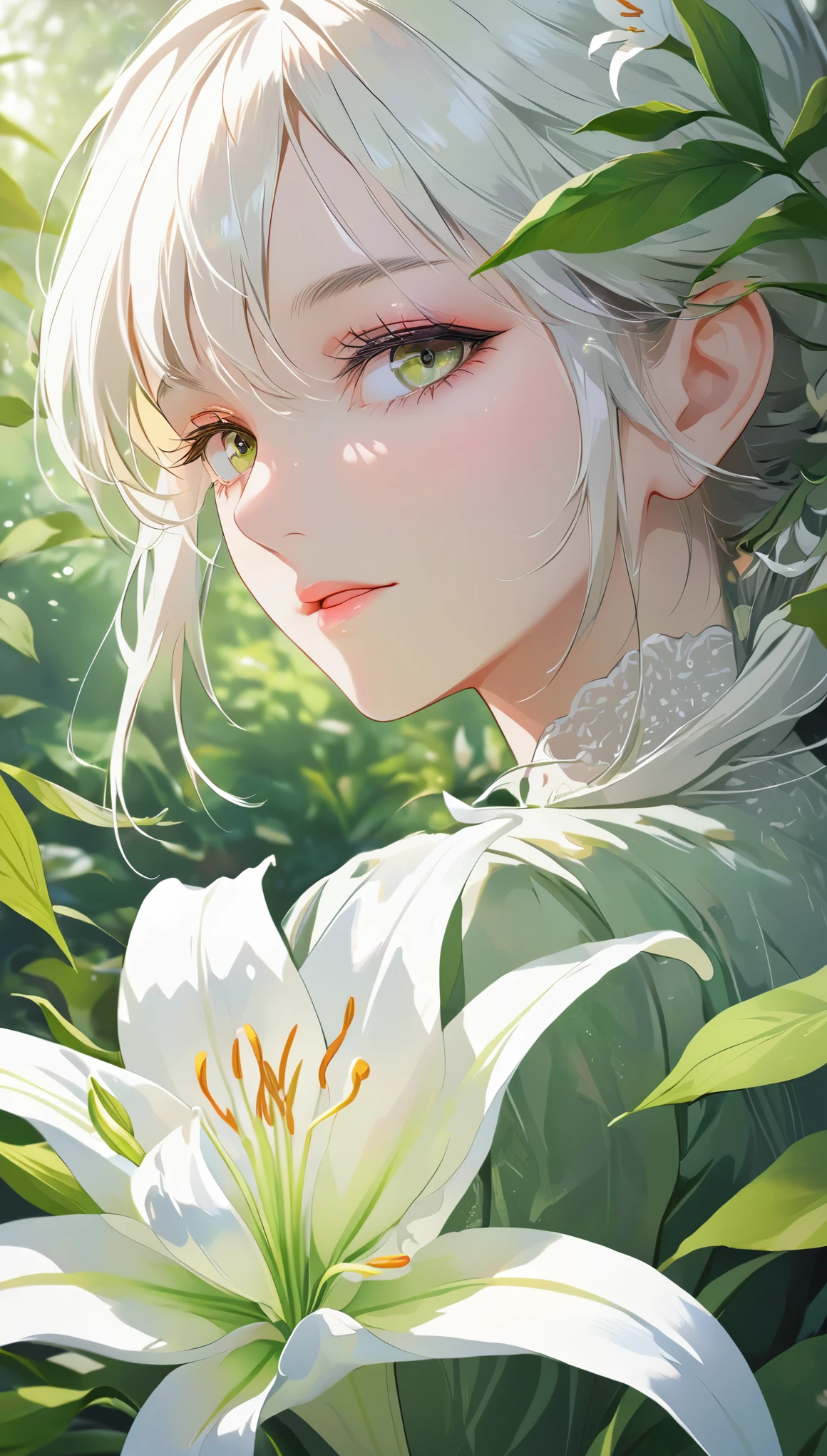 A beautiful single lily flower in bloom, Delicate white petals, Delicate stamens, Lush green leaves, Soft natural light, Extremely detailed, 4K, Reality, portrait, Full focus, Bright colors, Natural Lighting, serene, elegant, peaceful, Sedation