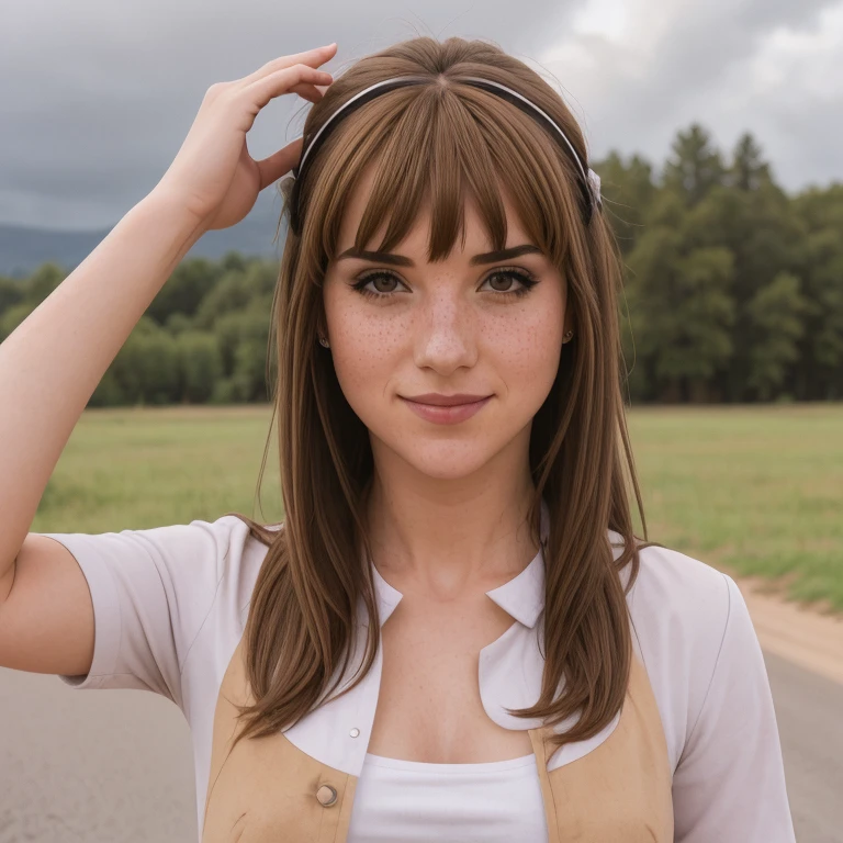 1girl, solo, looking at viewer, smile, bangs, brown hair, brown eyes, upper body, outdoors, sky, day, lips, cosplay, ground vehicle, building, motor vehicle, freckles, realistic, car, photo background, real world location