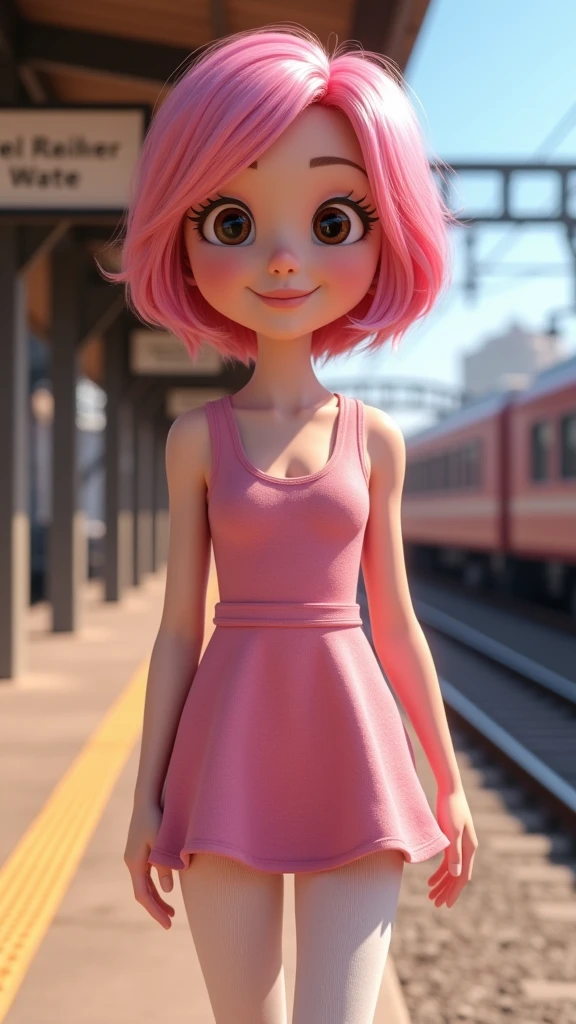 a girl, blonde, short hair
neck height, tall blue eyes, wears a pink dress with shoulder straps walking down the street with sandals, full body, frontal view, Close-up, realistic